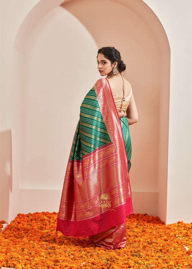 Devica (Pre-Order): Kanjivaram Saree with Diamond Twill in the Shades of Green and Pink (6894286241985)