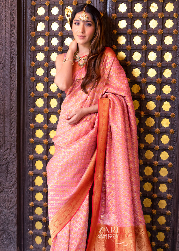 Divya pink and red Khaddi Georgette handloom Banarasi saree with woven zari motifs