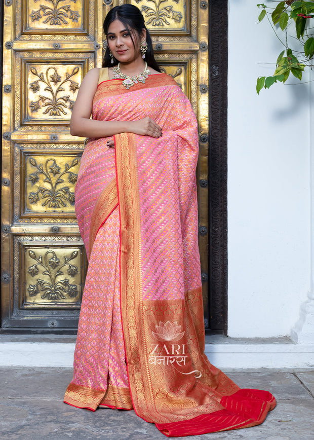 Divya pink and red Khaddi Georgette Banarasi saree from Varanasi handloom weavers