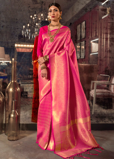 Buy Fascinating Pink Zari Woven Banarasi Silk Party Wear Saree With Blouse  Online At Zeel Clothing