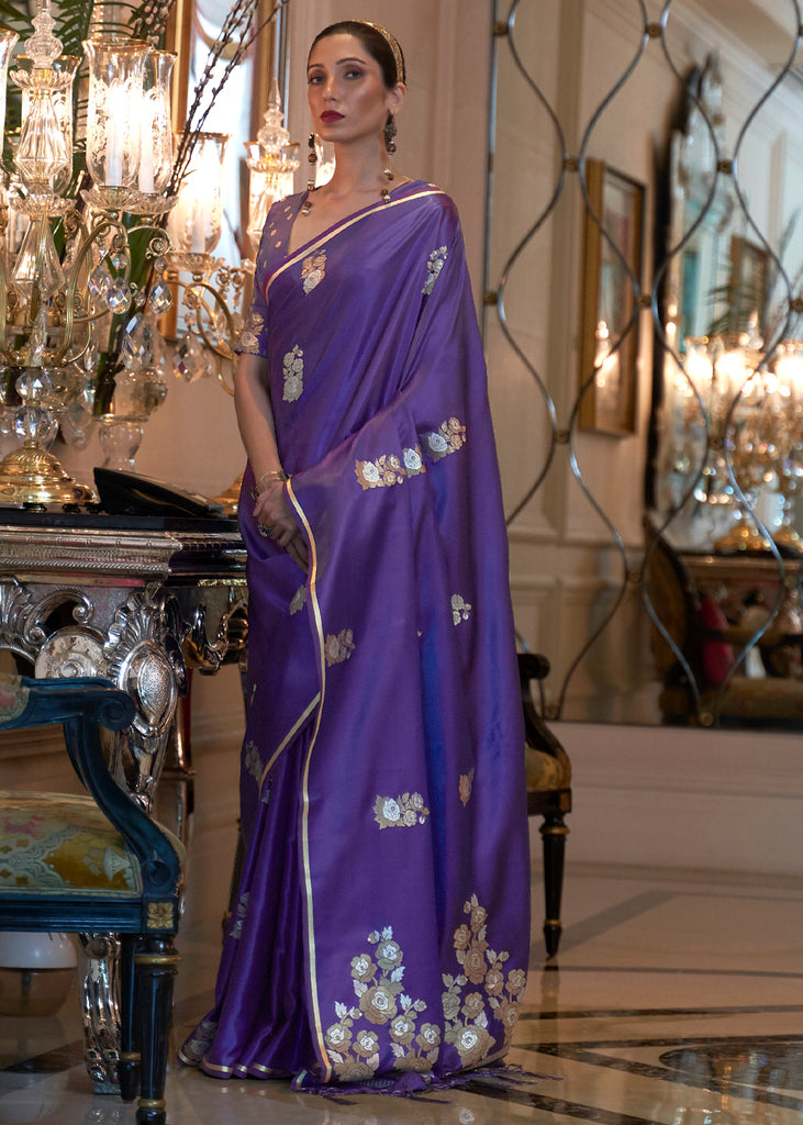 VICTORIA PURPLE SATIN SILK BANARASI SAREE WITH BROCADE BLOUSE (6840666849473)