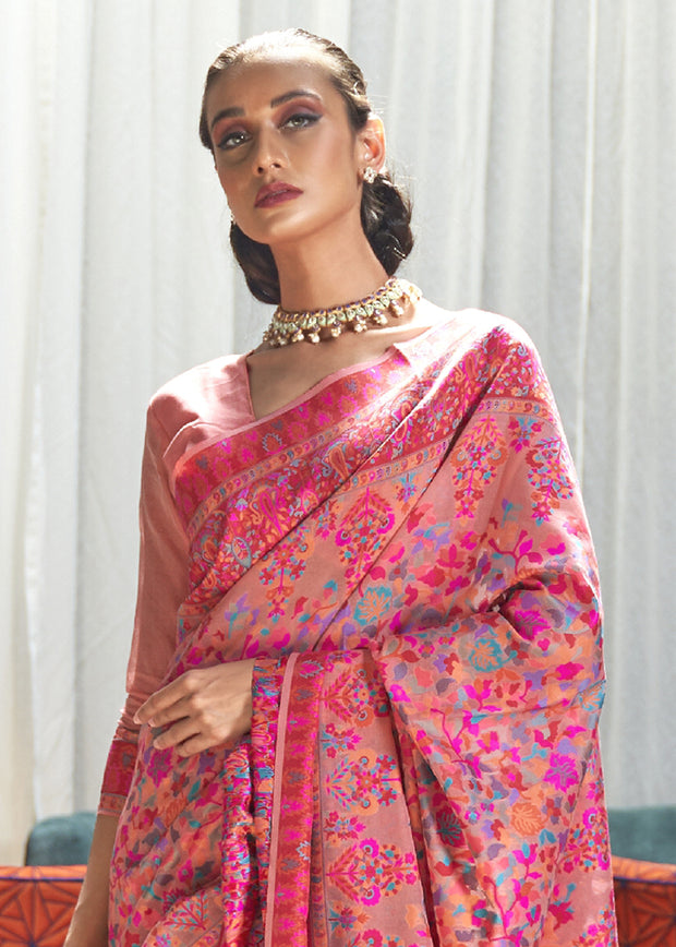 ROYAL PINK MULTICOLOUR JAMEWAR WEAVE SAREE (6649542574273)