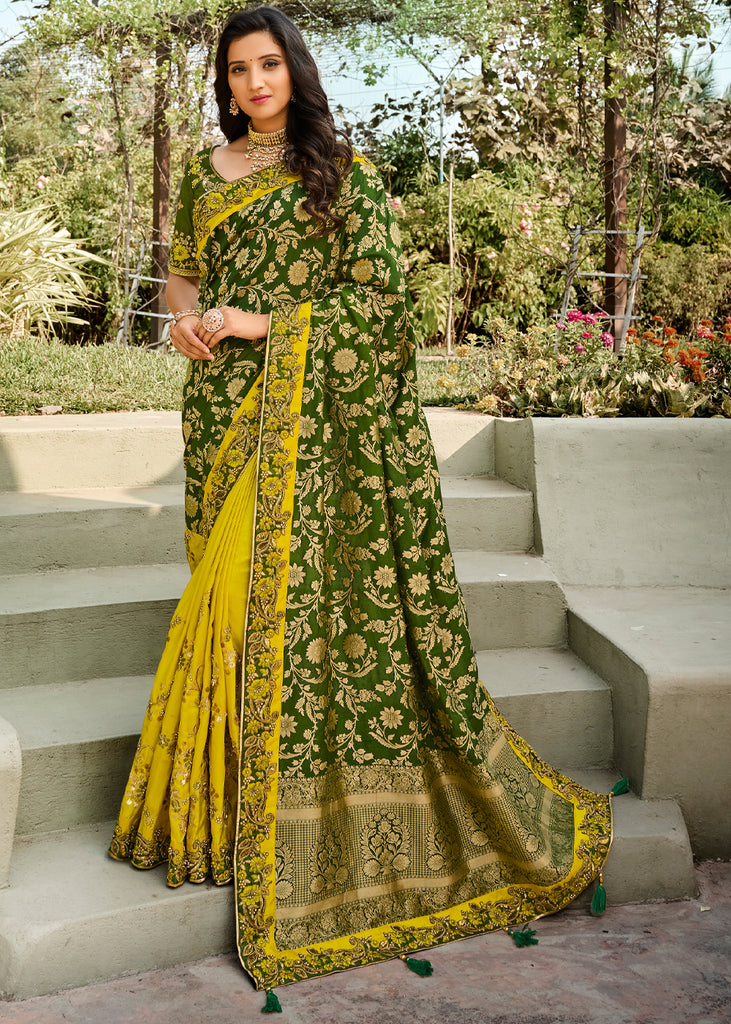 BEAUTIFUL GREEN AND YELLOW EMBROIDERED DESIGNER SAREE (6623491489985)