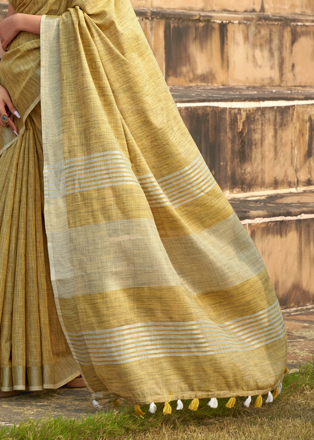 WHEAT YELLOW WOVEN LINEN SAREE WITH KHADI PRINT BLOUSE (6713083003073)