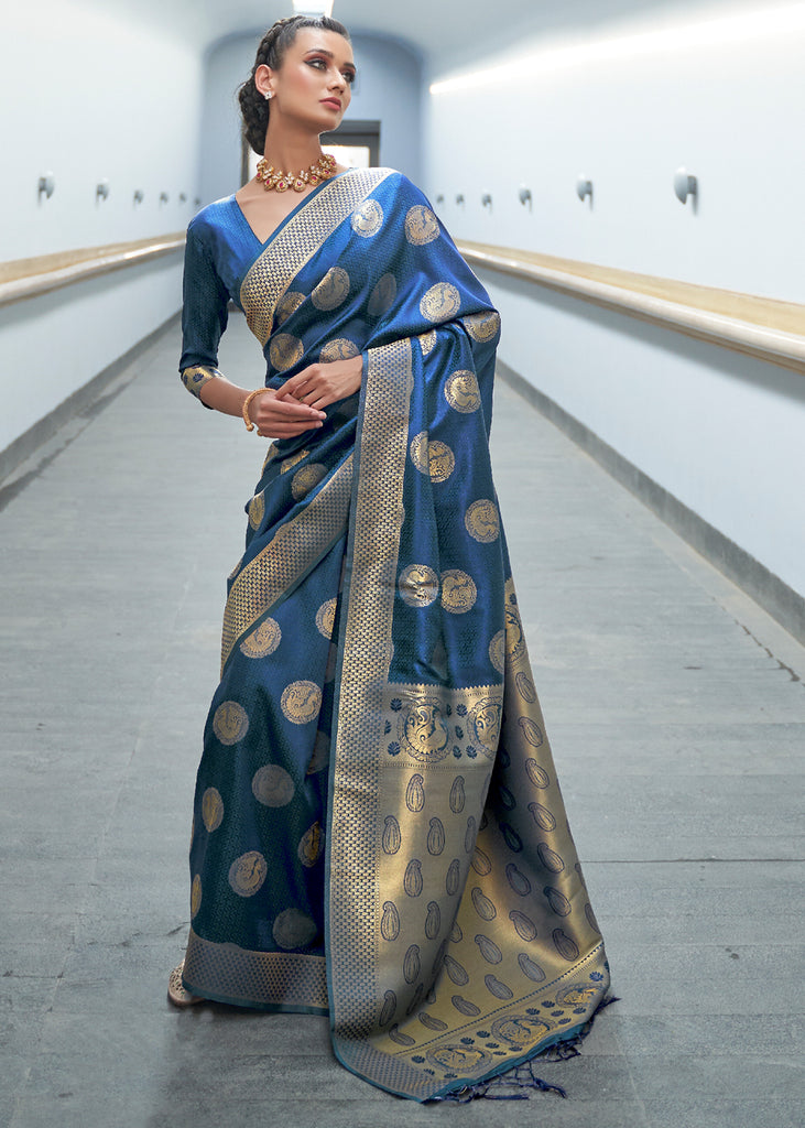 BLUE DENIM WOVEN BANARASI SILK SAREE (6629477449921)