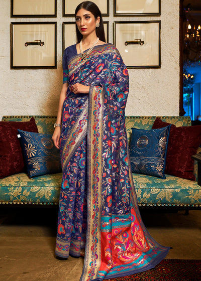 Royal Blue Woven Jamewar Banarasi Saree (5893577179287)