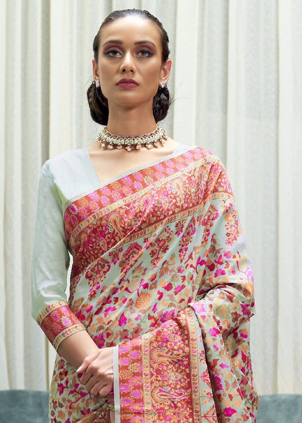 ROYAL BEIGE MULTICOLOUR JAMEWAR WEAVE SAREE (6649549029569)