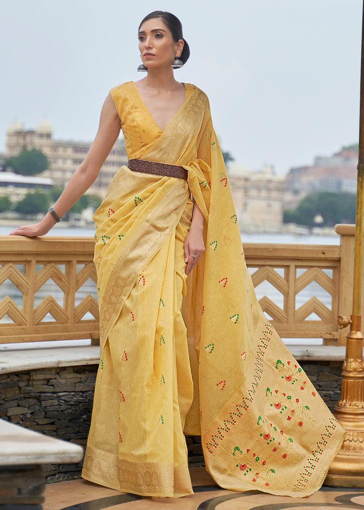 Marigold Yellow Woven Banarasi Linen Saree (6965373010113)