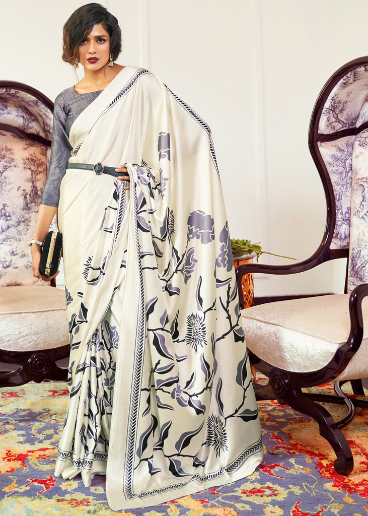 VANILLA WHITE PRINT SAGA SAREE (5975352737985)