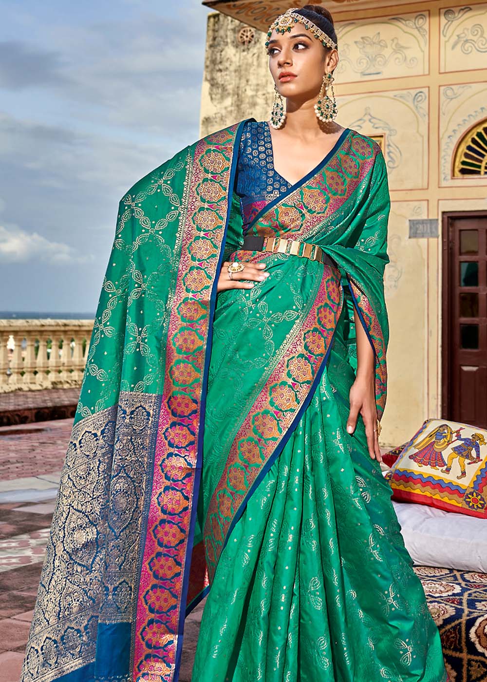 Designer Saree | Embroidery Patch | Wedding Special | Peacock Color Saree | Silk  Saree | Saree designs, Saree, Dress