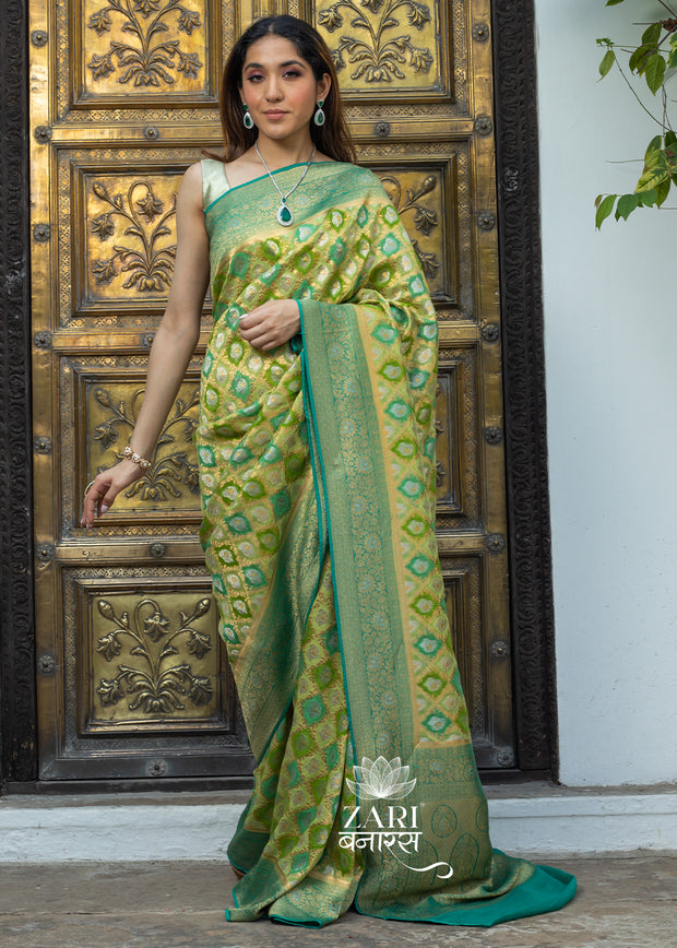 Phalgun : Rangkaat Khaddi Georgette Handloom Banarasi Saree in shades of Green (7490834432193)