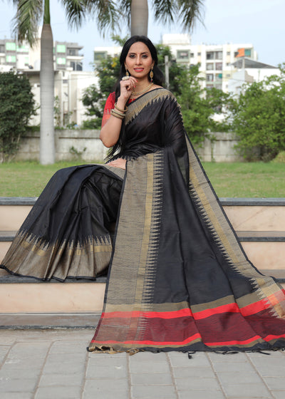 PIRATE BLACK BANARASI LINEN SILK SAREE (6953421111489)