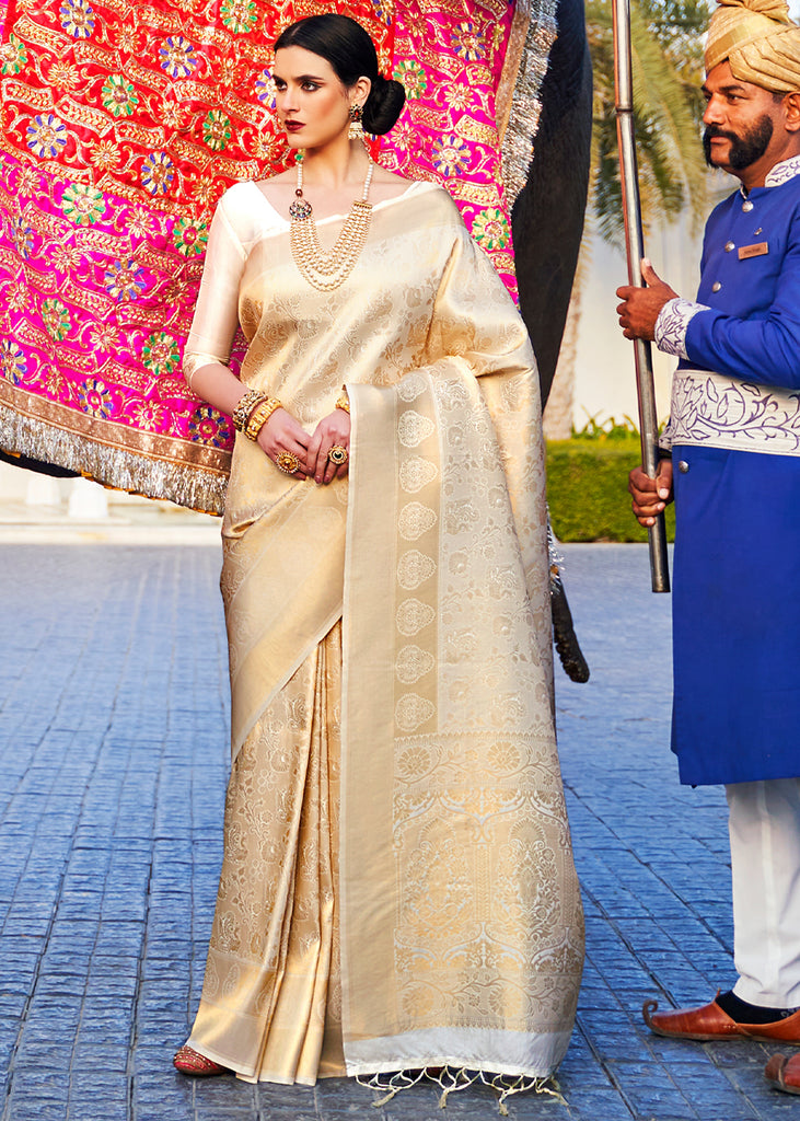 Royal off White and Gold Woven Kanjivaram Saree (5668186882199)
