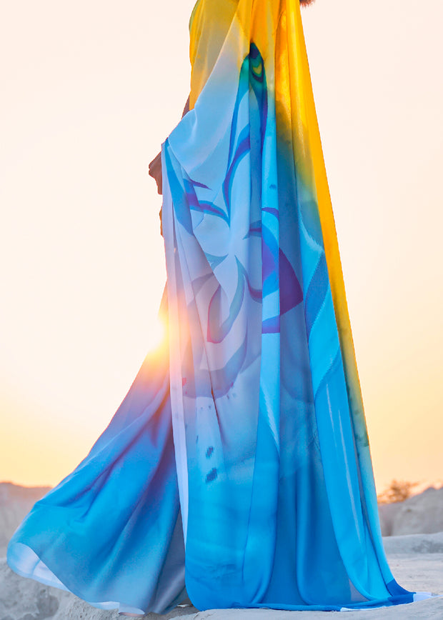 BLUE AND YELLOW SHADED PRINT SAGA SAREE (6138355908801)