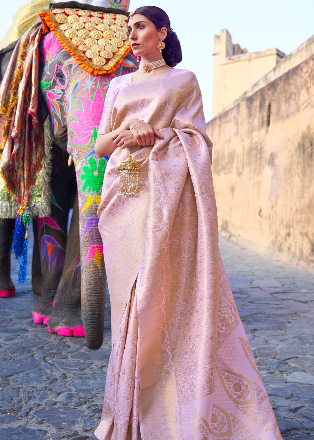 Blush Pink Banarasi Saree - RoyalDhaga - Medium