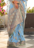 MAYA BLUE WOVEN BANARASI LINEN SAREE WITH BROCADE BLOUSE (6954769645761)