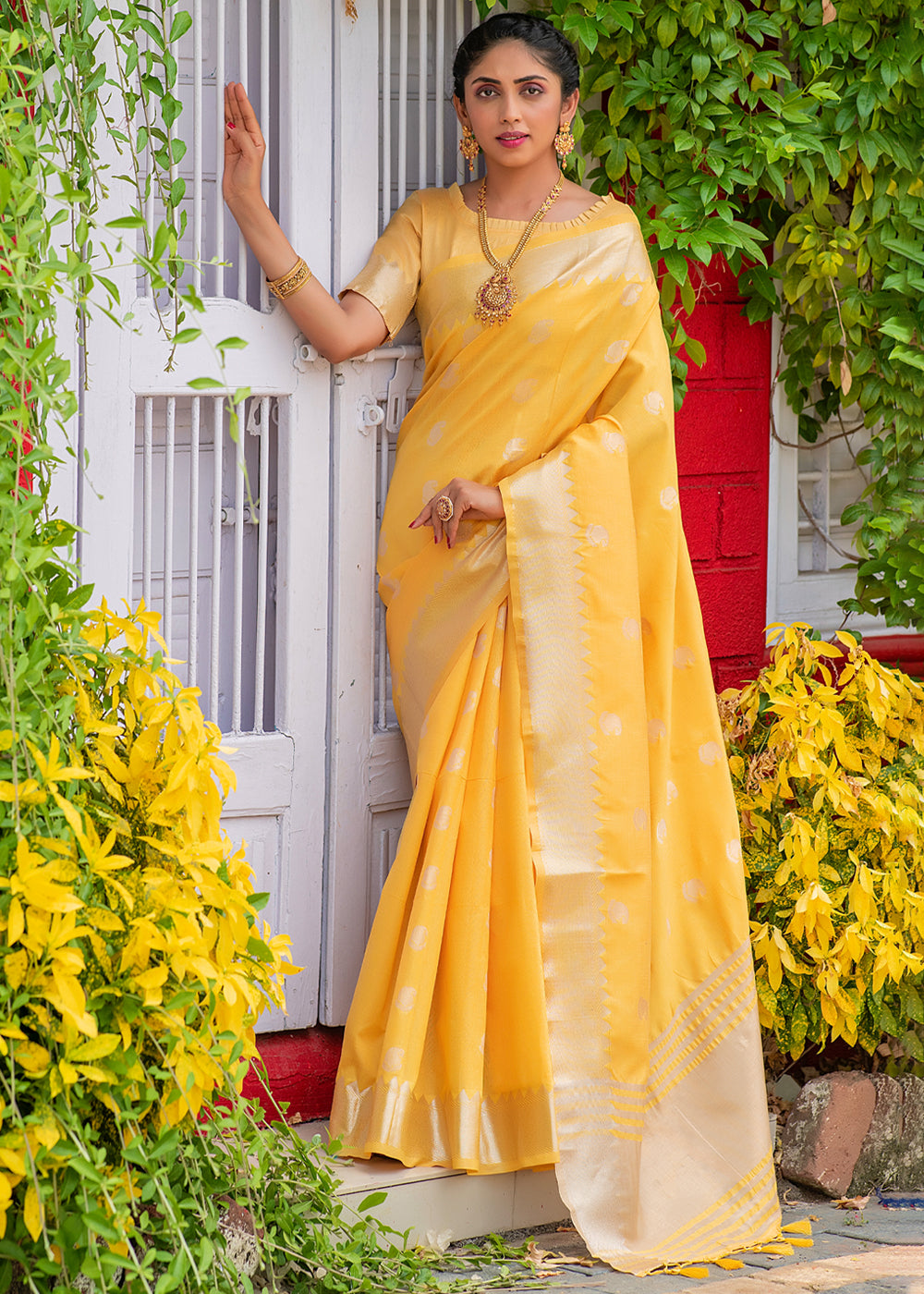 Yellow Silk Bandhani Saree | Leemboodi