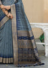 INDEGO GREY AND BLUE SOUTH TUSSAR TEMPLE BORDER SILK SAREE (6710043508929)