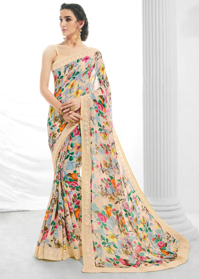 SANDAL BEIGE PRINTED SAREE WITH EMBROIDARY (6885519327425)