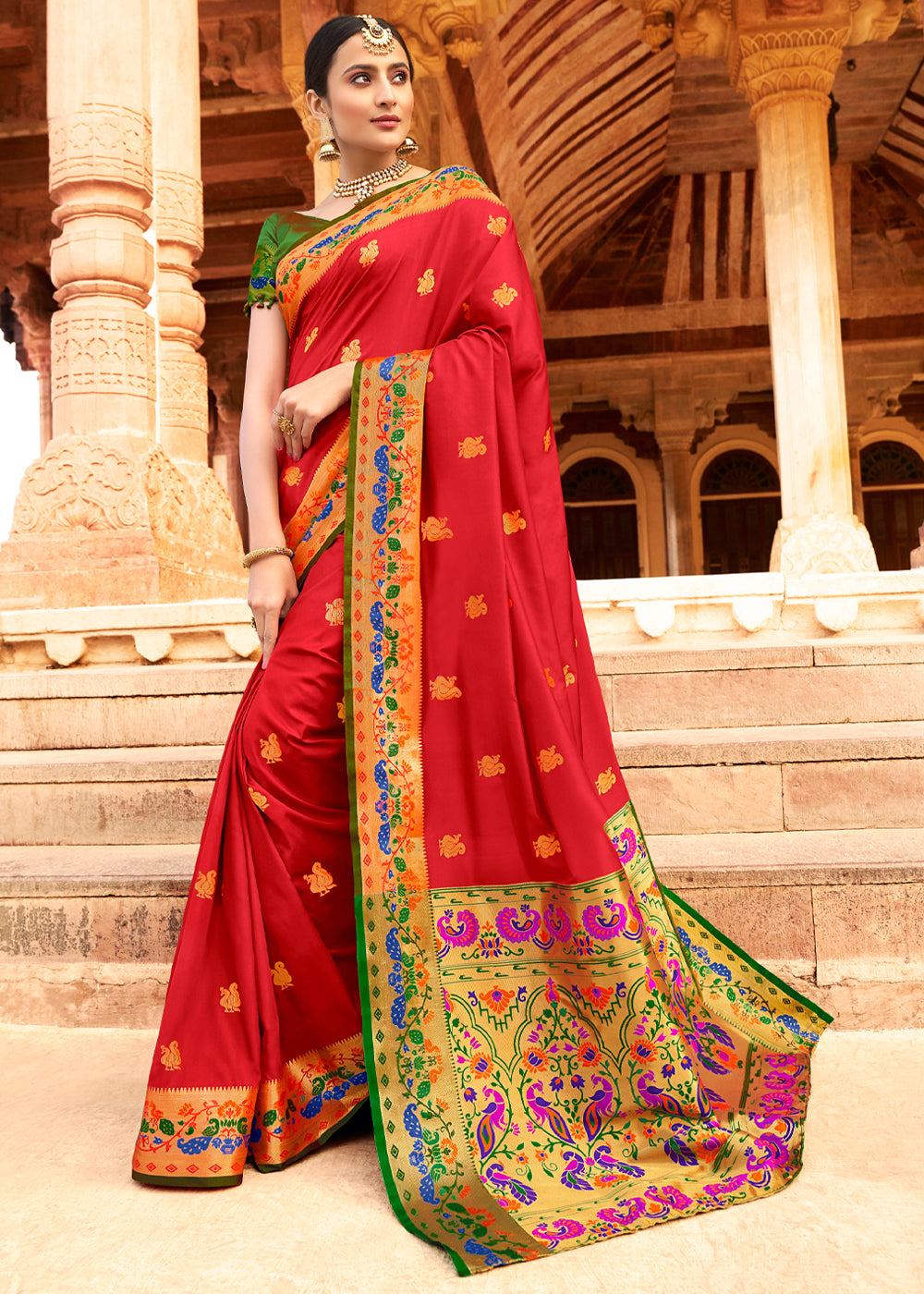 Sangria Red Woven Paithani Silk Saree – Zari Banaras