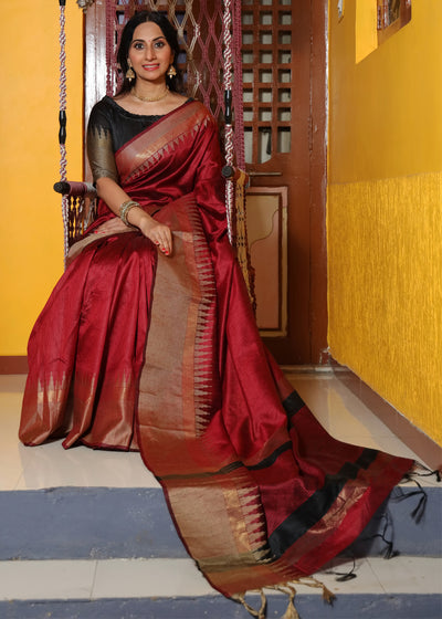MAJESTIC MARRON BANARASI LINEN SILK SAREE (6953429074113)