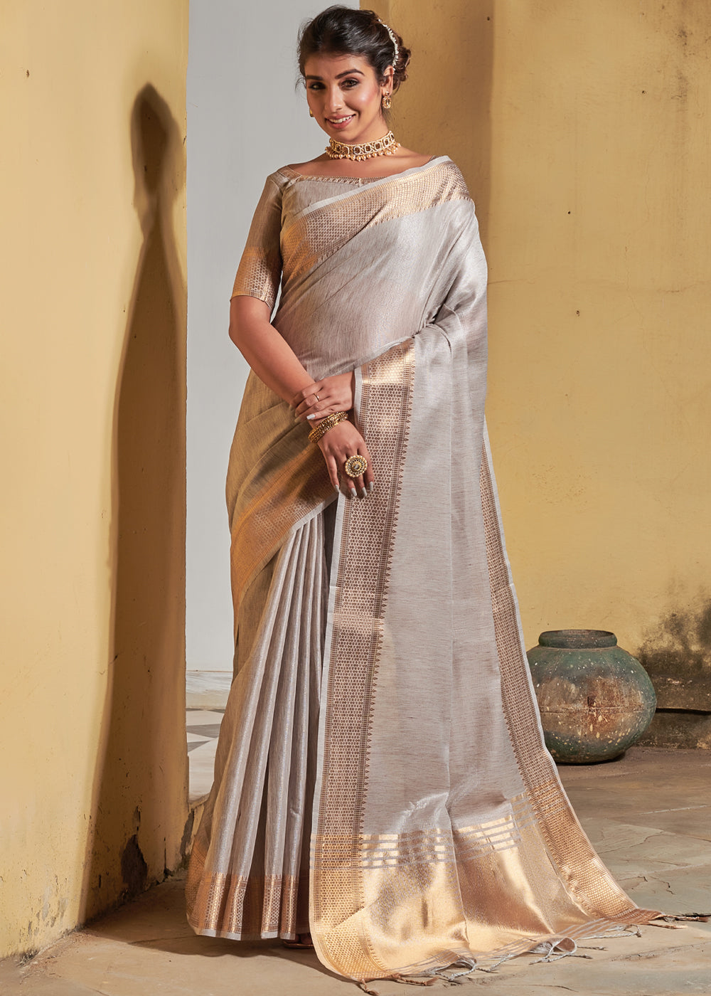 Silk Saree with blouse in Cream colour 1105