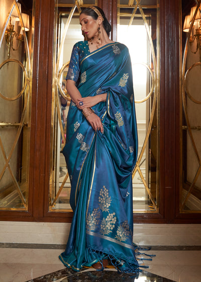 GANGES BLUE SATIN SILK BANARASI SAREE WITH BROCADE BLOUSE (6840668094657)