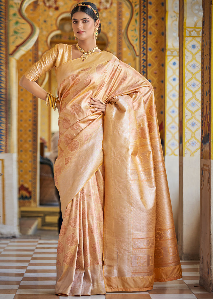 Dola Silk Fabric Weaving Work Cream Color Sangeet Wear Trendy Saree