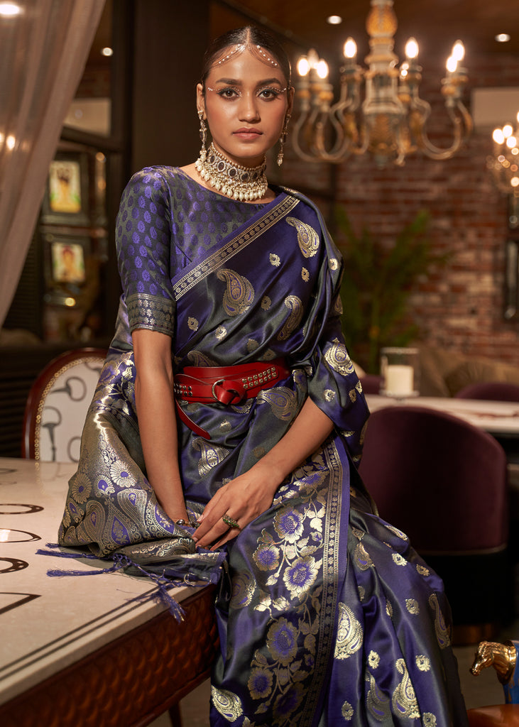 Royal Blue Banarasi Woven Satin Silk Saree – Zari Banaras