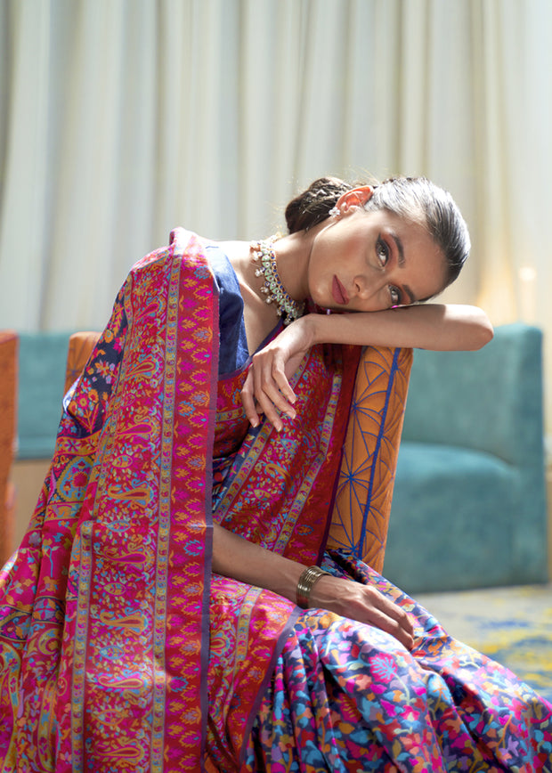 ROYAL BLUE MULTICOLOUR JAMEWAR WEAVE SAREE (6649553256641)