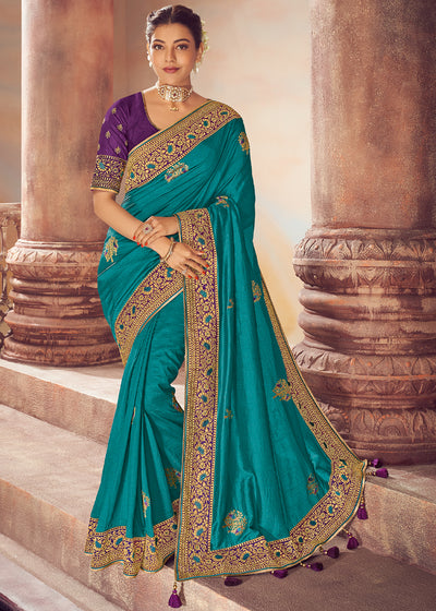 DIVINE BLUE WOVEN BANARASI SAREE WITH HAND EMBROIDARY (6198781640897)