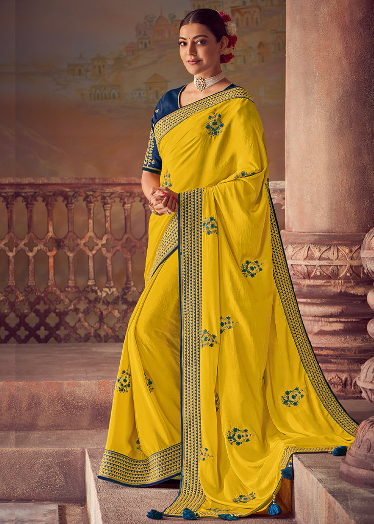 CITRUS YELLOW WOVEN BANARASI SILK SAREE WITH HEAVY EMBROIDERED BOOTAS (6198836003009)