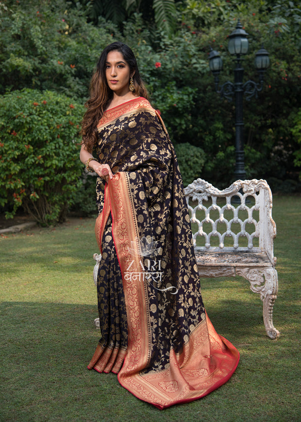 Omya navy blue floral Khaddi Georgette handloom Banarasi saree with woven motifs
