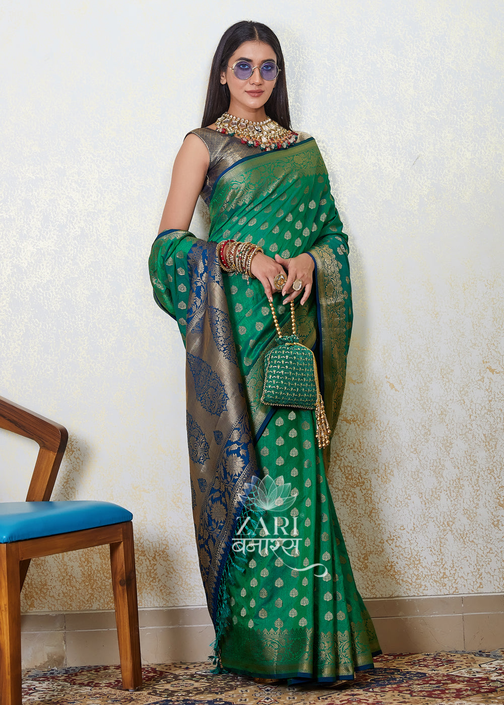 Green & Red Banarasi Silk Saree with Blouse for Wedding | Vootbuy