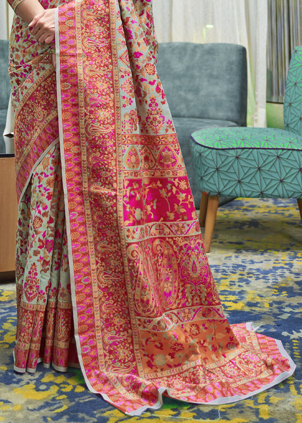 ROYAL BEIGE MULTICOLOUR JAMEWAR WEAVE SAREE (6649549029569)