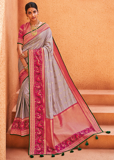 IRISH LIGHT VOILET WOVEN BANARASI SILK SAREE WITH HEAVY EMBROIDARY (6199036313793)