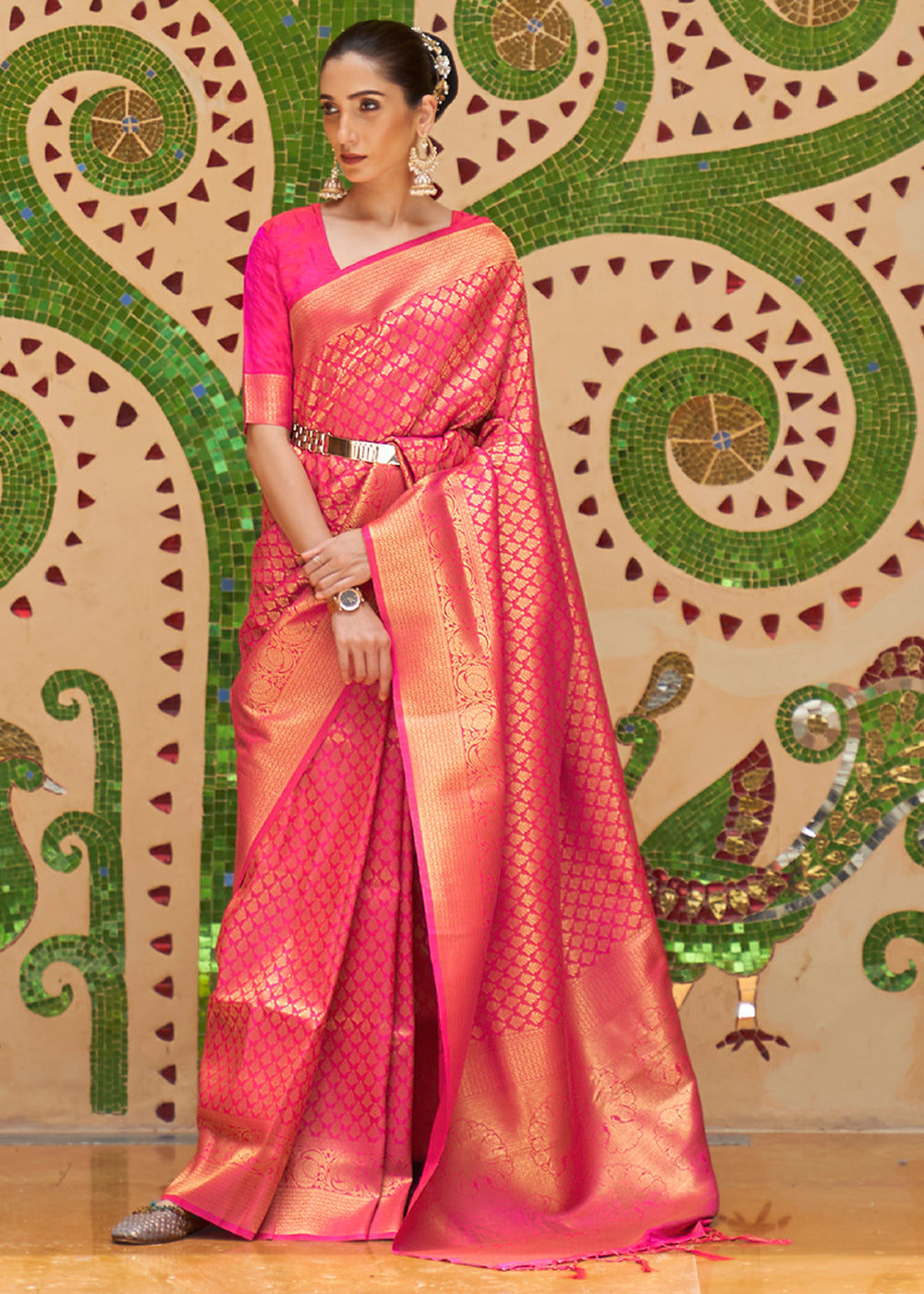 Coral Pink Silk Kanjeevaram Saree – Via East