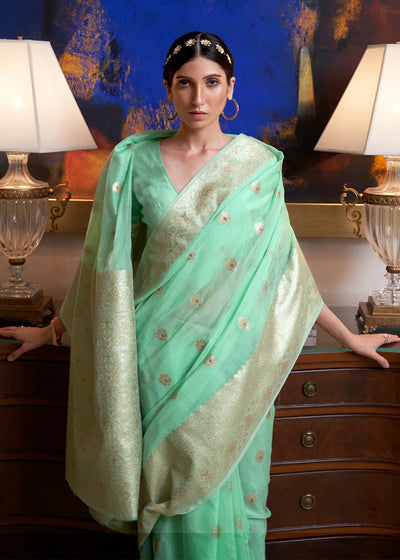 FRESH GREEN WOVEN BANARASI SILK SAREE (6889438970049)