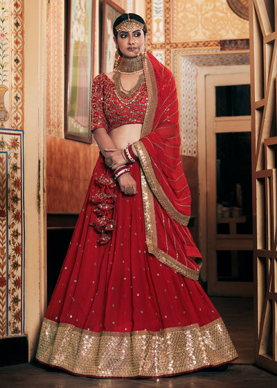 ROYAL RED GEORGETTE EMBROIDERED LEHENGA (6863505752257)