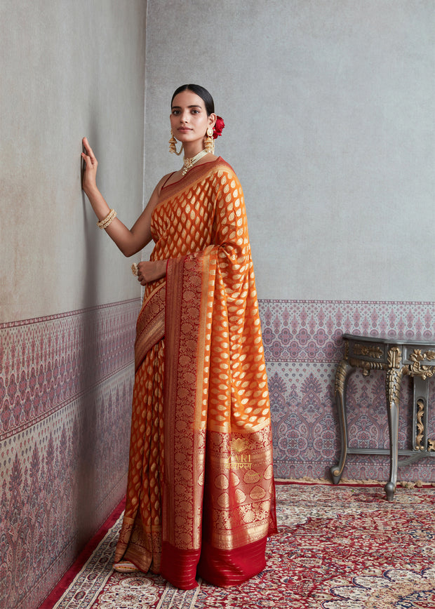 MEENA : BANARASI KHADDI GEORGETTE SAREE IN THE SHADE OF CANARY ORANGE (6891547787457)