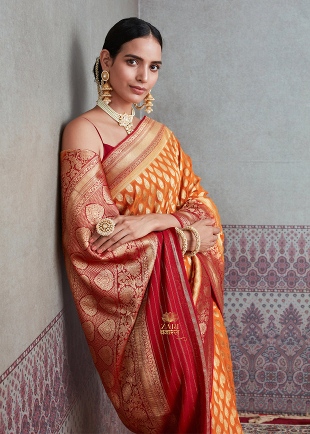 MEENA : BANARASI KHADDI GEORGETTE SAREE IN THE SHADE OF CANARY ORANGE (6891547787457)