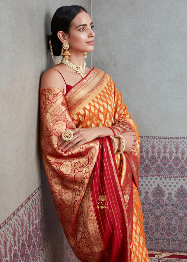 MEENA : BANARASI KHADDI GEORGETTE SAREE IN THE SHADE OF CANARY ORANGE (6891547787457)