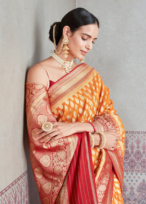 MEENA : BANARASI KHADDI GEORGETTE SAREE IN THE SHADE OF CANARY ORANGE (6891547787457)