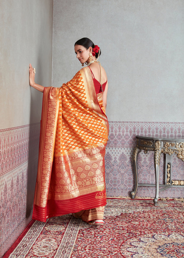MEENA : BANARASI KHADDI GEORGETTE SAREE IN THE SHADE OF CANARY ORANGE (6891547787457)
