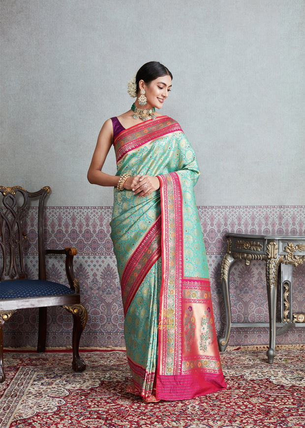 Shanti blue Banarasi brocade Meenakari saree with Mughal buta motifs in resham and zari