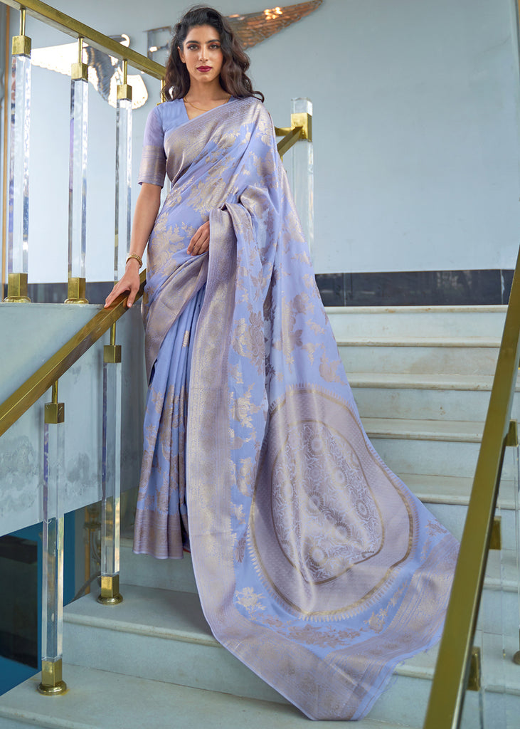 LAVENDER BLUE AND GOLD WOVEN SILK SAREE (6251641143489)