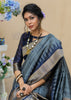 INDEGO GREY AND BLUE SOUTH TUSSAR TEMPLE BORDER SILK SAREE (6710043508929)
