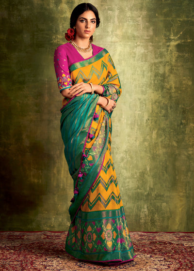 GREEN AND PURPLE BANARASI PRINT SILK SAREE WITH EMBROIDERED BLOUSE (6873302466753)