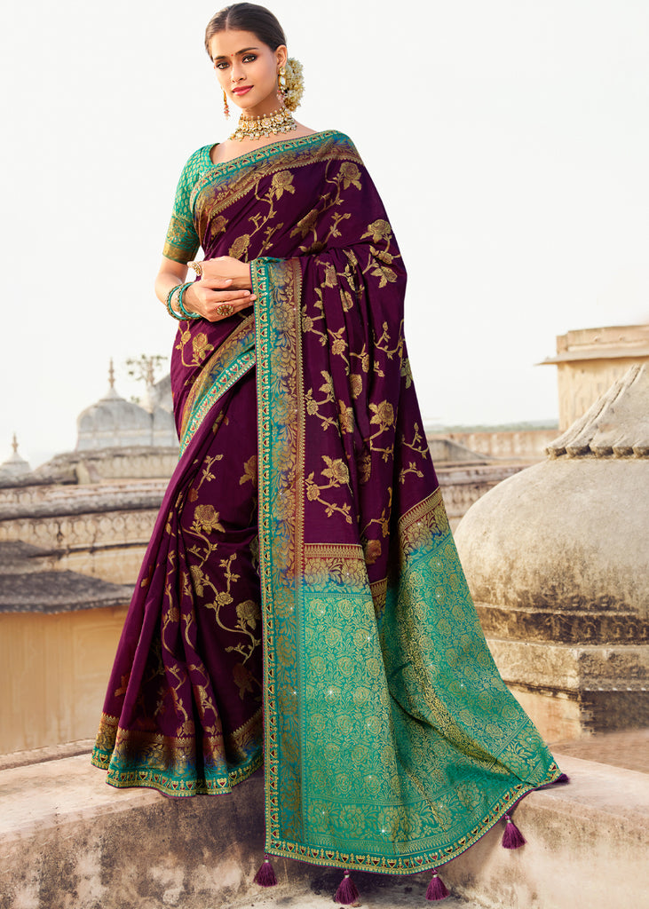 Buy Purple Katan Silk Banarasi Sari Online in USA with Zari Work – Pure  Elegance