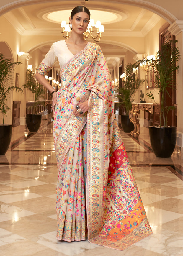 Multicolour White WOVEN JAMEWAR BANARASI SAREE (7070088954049)